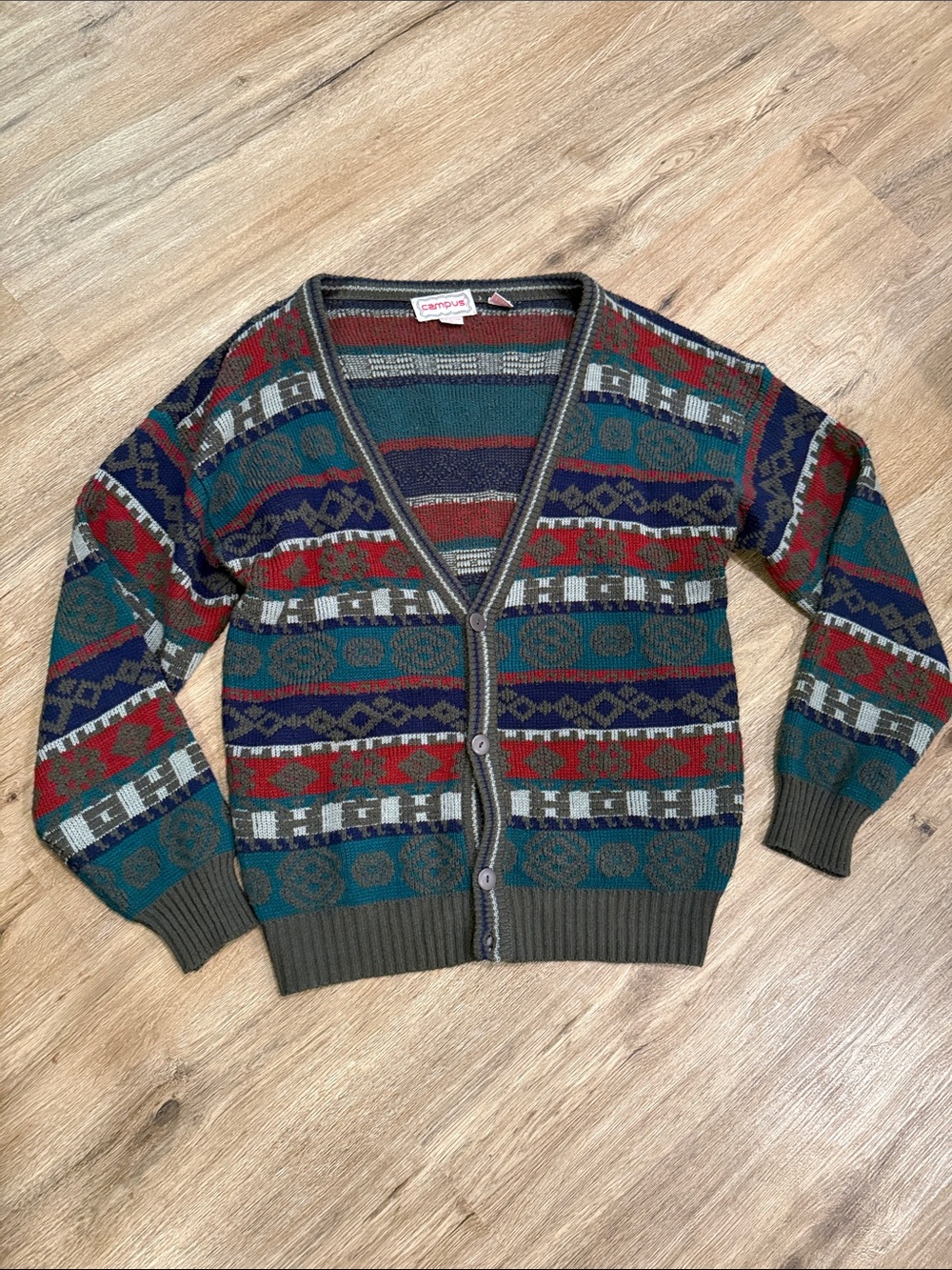 Campus Retro Patterned V-Neck Cardigan Grandpa Sweater - Green/Red/Blue